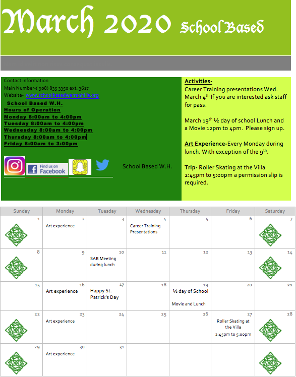 High School Monthly Calendar - School Based at Warren Hills Regional ...